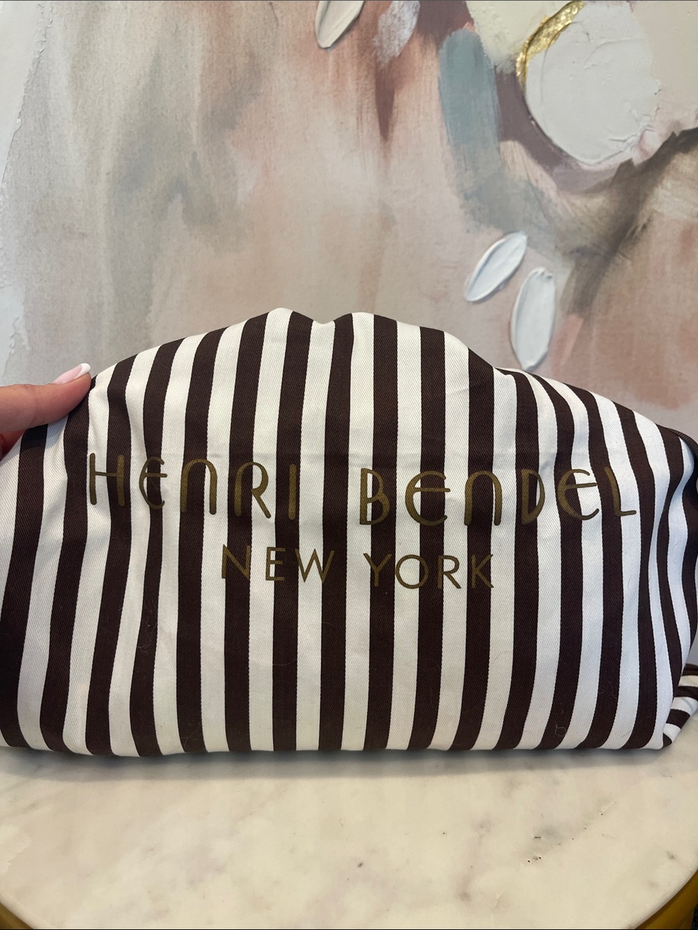 Henri Bendel Brown & White Striped Dustbag with Gold Logo - 15” x 16.5” - Picture 3 of 3
